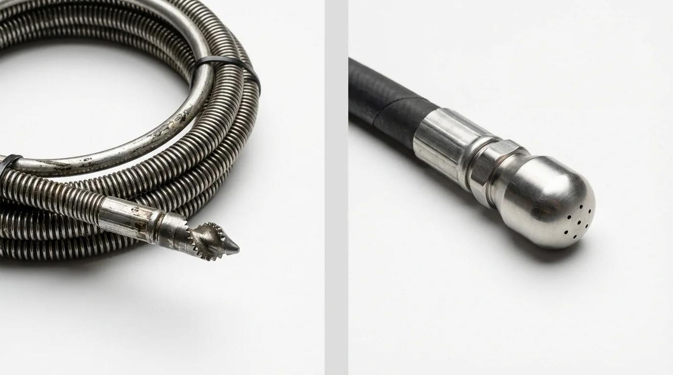 Drain snake cable and hydro jetting nozzle used for drain cleaning in Garden City, NY