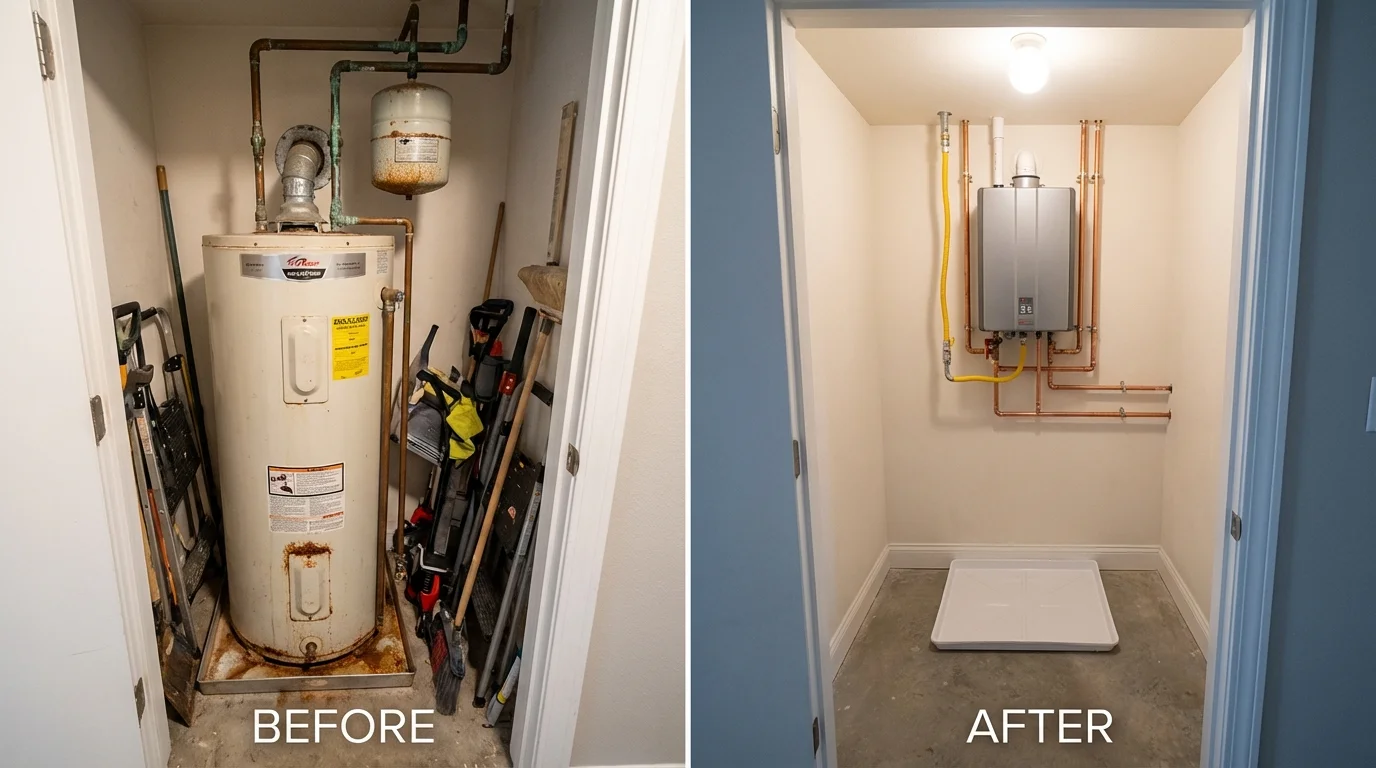 Tank water heater versus wall-mounted tankless unit comparison for Garden City, NY homeowners