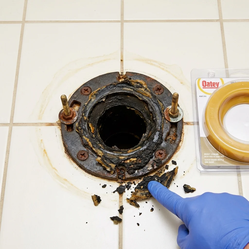 Failed wax ring showing water seepage at the base of a toilet in a Garden City, NY home