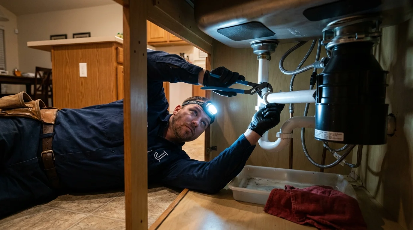 P-trap and supply line connections under a kitchen sink showing a common leak point in Garden City, NY